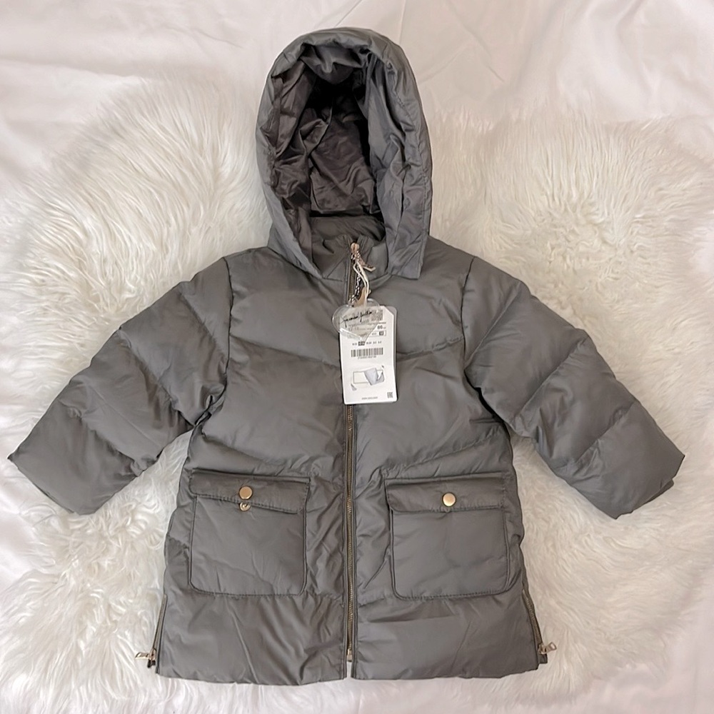 GREY ZARA BABY PUFFER JACKET WITH PINK FAUX FUR INTERIOR, POCKETS AND ZIPPERS